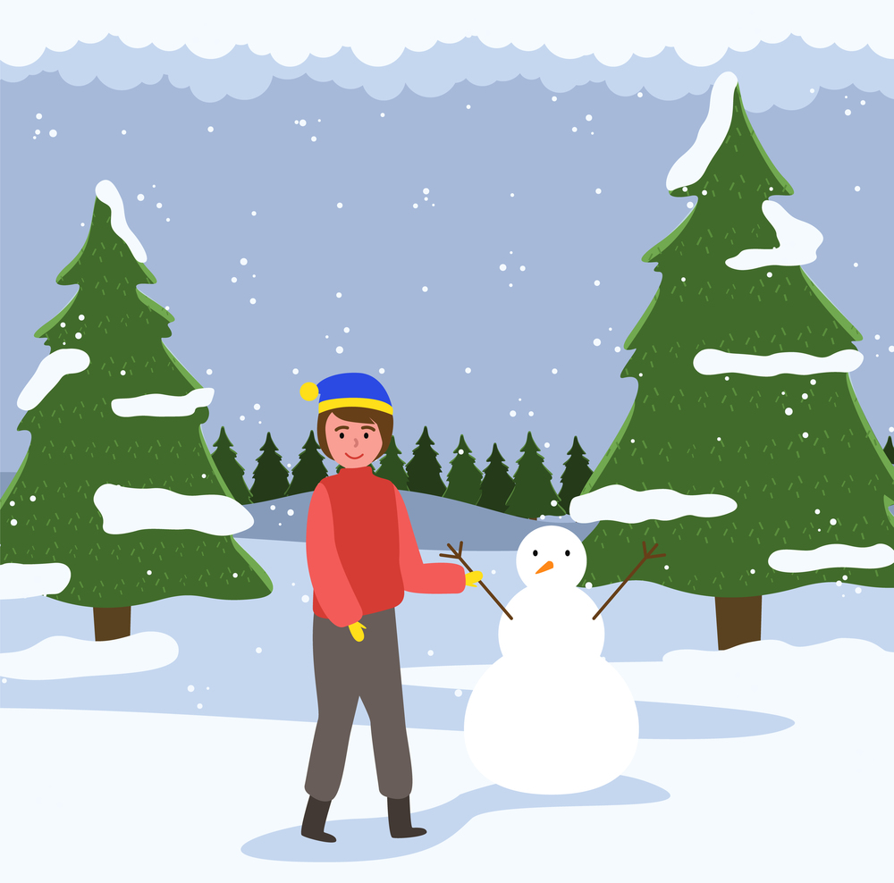 A male child walks in the forest and playing with the snow. Happy boy in warm clothes is standing against the background of a snowy christmas tree. Male character is sculpting a snowman outside. A male child walks in the forest and plays with the snow. Guy in winter clothes sculpts a snowman