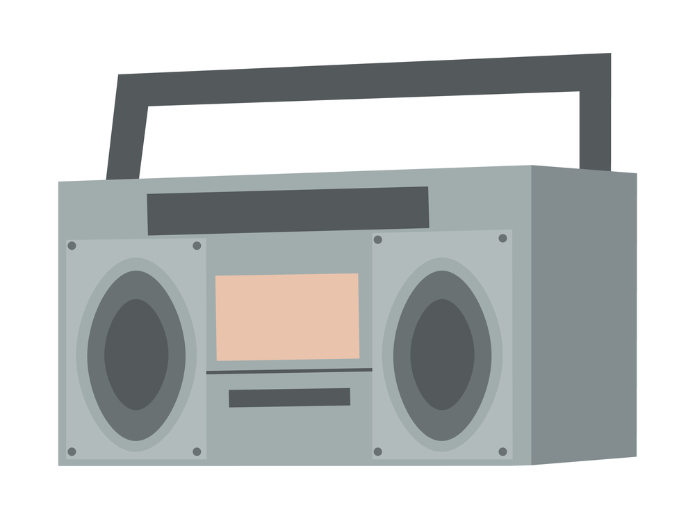 Vector retro tape recorder for audio cassettes. Magnetic cassete player isolated on white background. Music boombox flat image modern trendy design. Concept of street art, vintage gray audio system. Vector retro tape recorder for audio cassettes. Magnetic cassete player isolated on white
