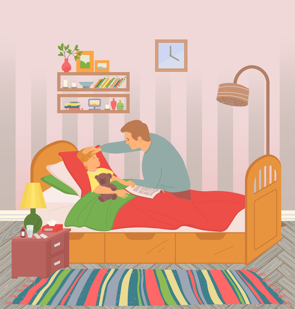 Dad measuring temperature to kid. Child care, parenthood concept. Father touches forehead to sick son lying in bed in room. A man sitting on the bed, child holding bear toy and book with fairy tales. Father touches forehead to sick son lying in bed in room. Child care, parenthood concept