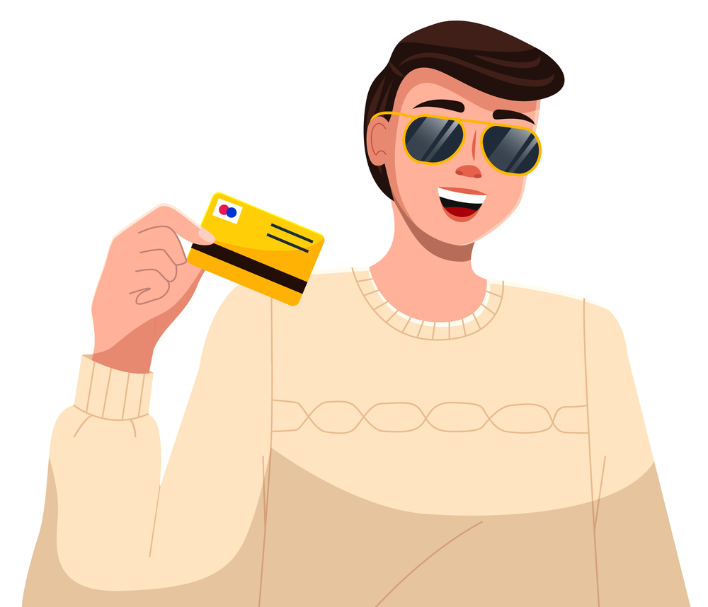 Man holding a credit card in his hand. Vector illustration in cartoon style. Smiling young male character shows a bank plastic card. Stylish guy in glasses, businessman isolated on white background. Man holding a credit card in his hand. Smiling young male character shows a bank plastic card