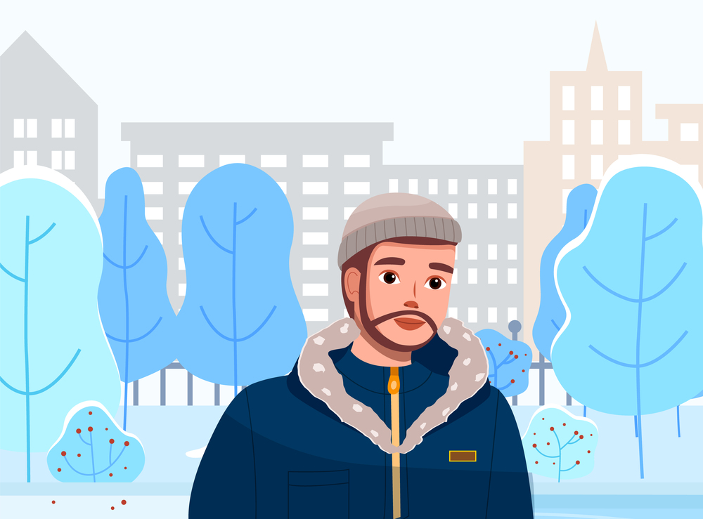 Man in winter city landscape. Young bearded guy walk in snow covered town. Male character wearing in warm jacket with a hood and in a cap in winter park against the background of urban buildings. Man in winter snow city landscape. Young bearded guy in flat style walk in winter town sunny day