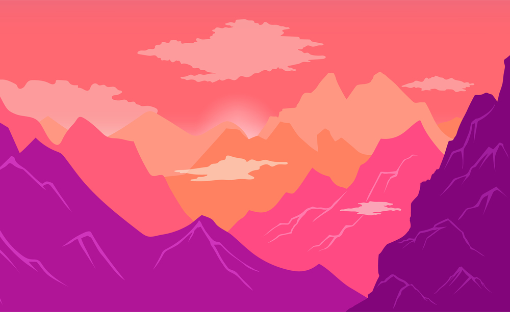 Natural landscape background with mountains, clear sky and clouds, sharp peaks and steep slopes high view. The rising sun illuminates the mountain peaks in lilac pink color. Beautiful nature panorama. Natural landscape background with mountains, clear sky and clouds, sharp peaks and steep slopes