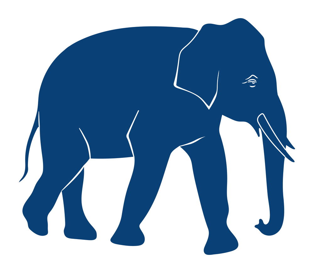 Elephant silhouette isolated on white background. Side view of a dark blue elephant flat vector illustration. Moving big animal with tusks and proboscis down. Wild animal nature image, wildlife. Elephant silhouette on white background. Side view of a dark blue elephant vector illustration