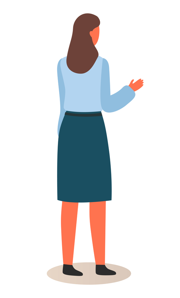 Vector illustration of business woman in official clothes. Question pose or presentation pose with raised hand. Flat young woman back view. Female in formal dark skirt and blue blouse corporate dress. Vector illustration of business woman in official clothes. Question pose or resentation pose