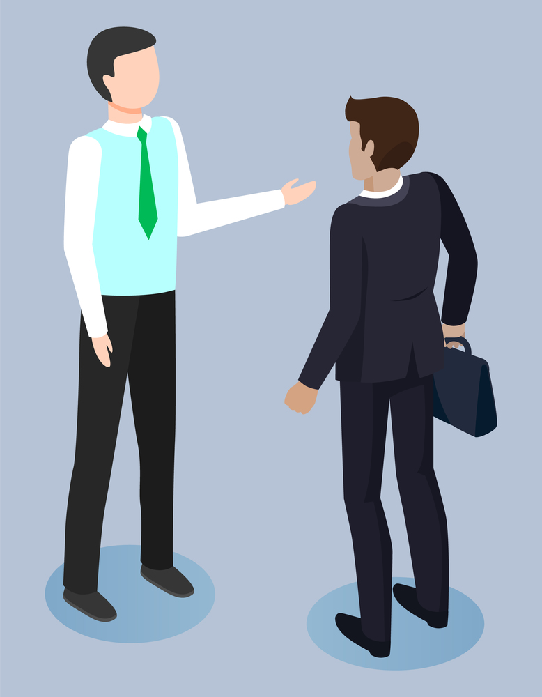 Businessmen communicating vector flat illustration. Two men dressed formally with a briefcase in hand, business meeting concept. Good deal, conclusion of an agreement on trade business relation. Businessmen communicating vector flat illustration.Two men in suits, business meeting concept