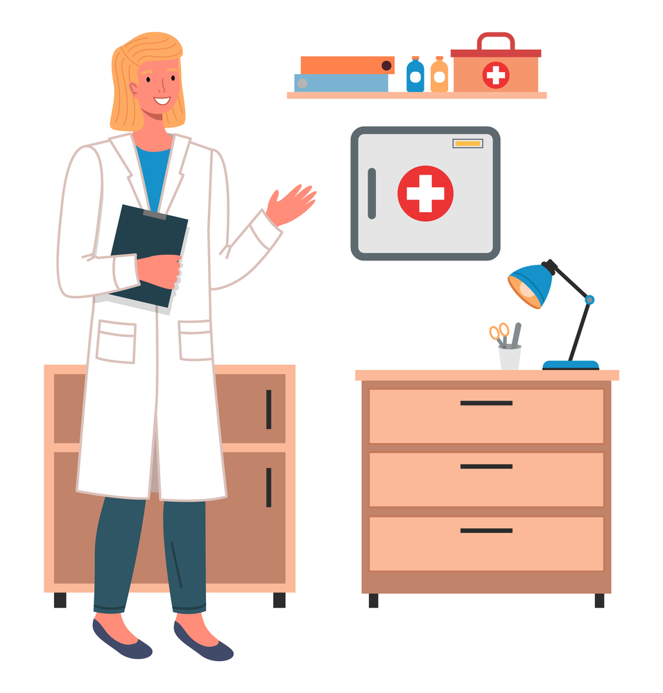 Cartoon female doctor in medical office holding a blank clipboard. Health protection concept. Therapist woman or nurse in medical clothes in the hospital holding a patient card or appointment sheet. Cartoon female doctor in medical office holding a blank clipboard. Therapist woman or nurse