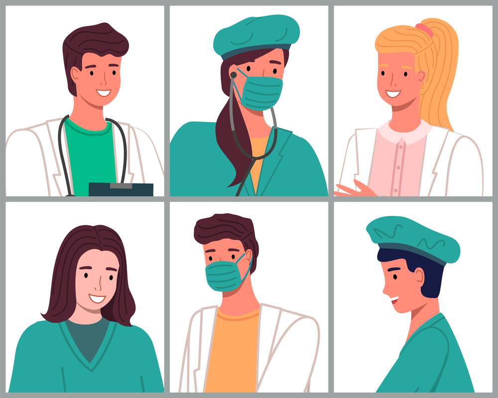 Avatars characters doctors and nurses set flat style. Medical people icons of faces on a white background vector illustration. Medical workers man and woman in protective masks with a phonendoscope. Avatars characters doctors and nurses set. Medical people icons of faces on a white background