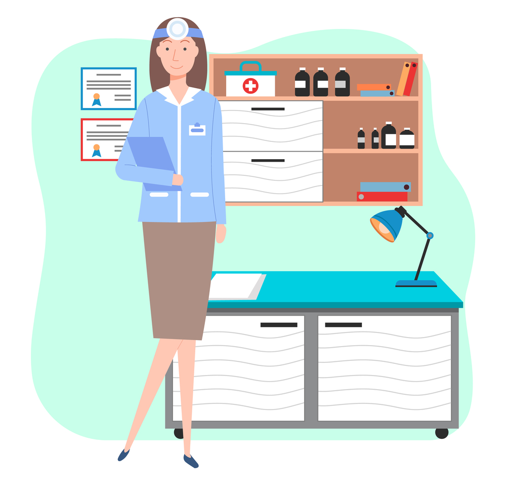 Veterinary care. Veterinarian doctor female character in the medical office. Medic in a medical room with special equipment, ENT doctor with frontal reflector. Smiling girl in veterinarian clothe. Veterinary care flat illustration. Veterinarian doctor female character in the medical office