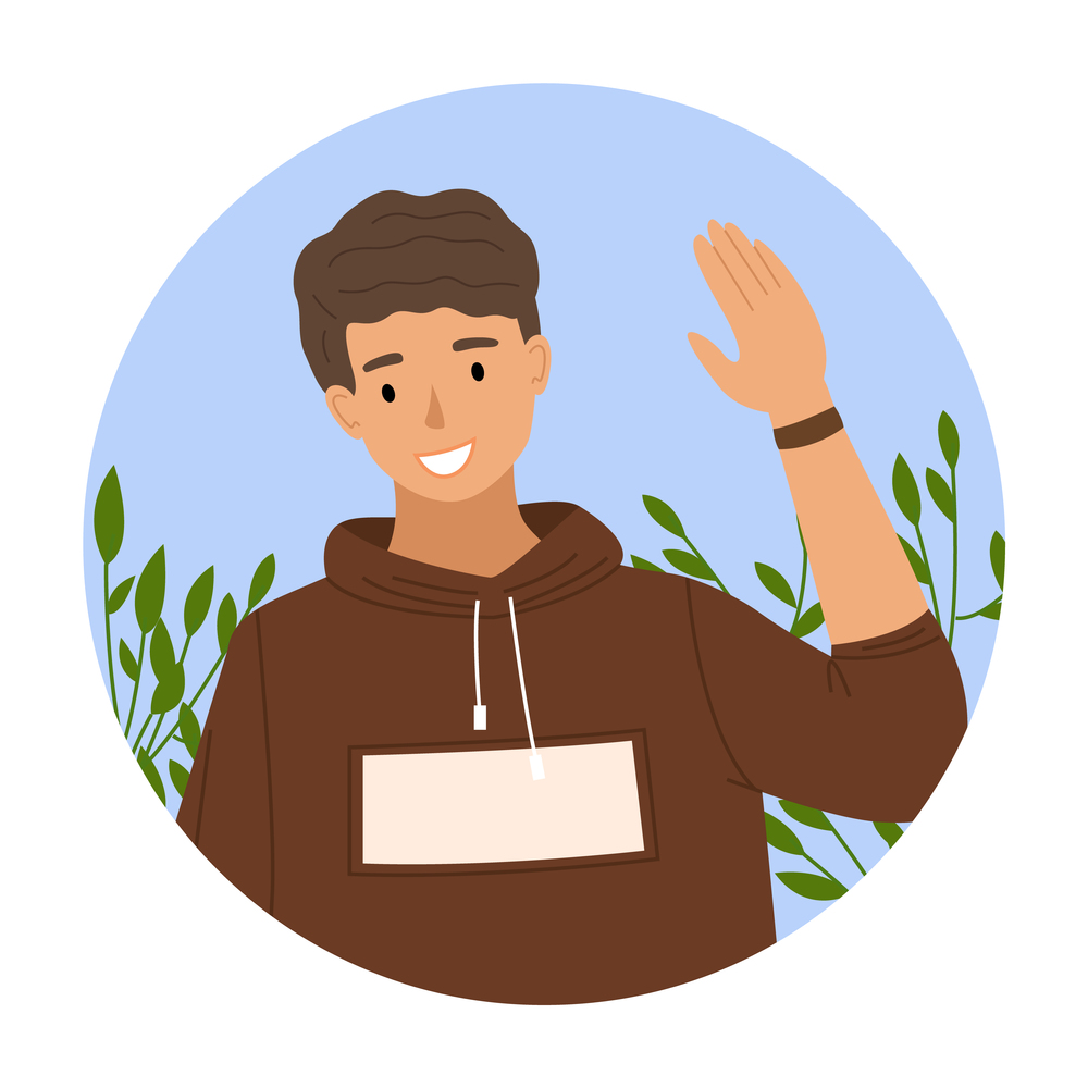 Handsome boy wave his hand. Male character shows greeting gesture. Boy in brown hoodie, smiles and raises his hand. Forest with trees, round frame illustration, isolated on white background. Handsome boy is waving hand. Male character shows greeting gesture with his hand vector illustration