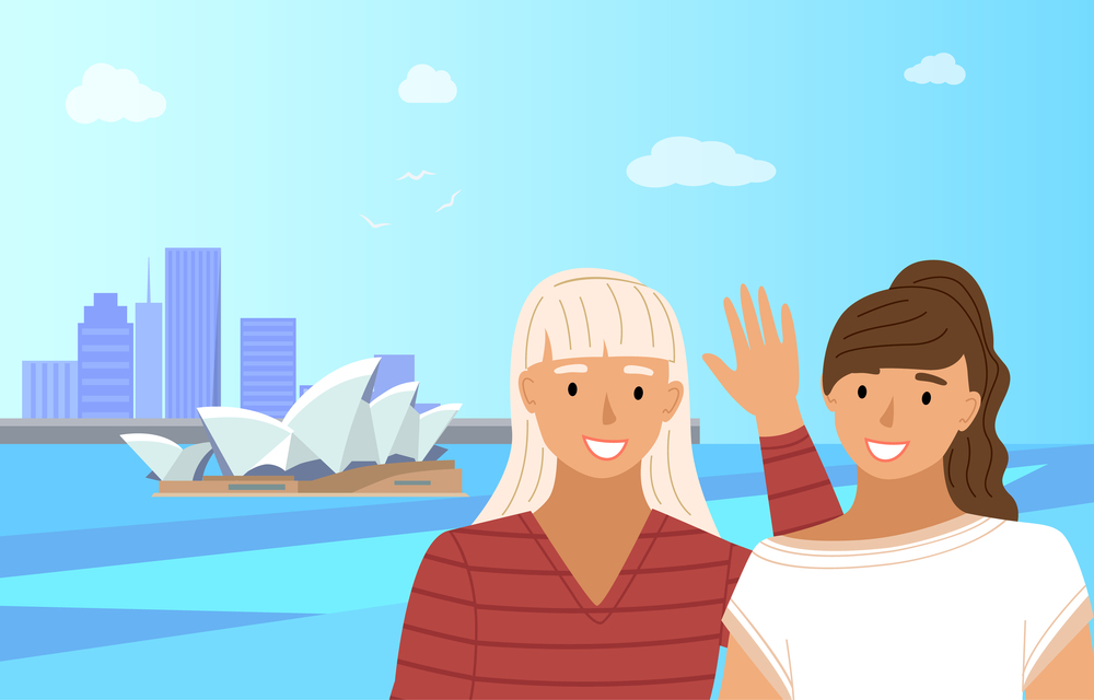 Tourist traveling in Australia. Two girls friends stand near the famous opera house in Sydney, building with sails on the water landmark of the city. Young people sightseeing travel southern continent. Tourist traveling in Australia. Two girls friends stand near the famous opera house in sydney