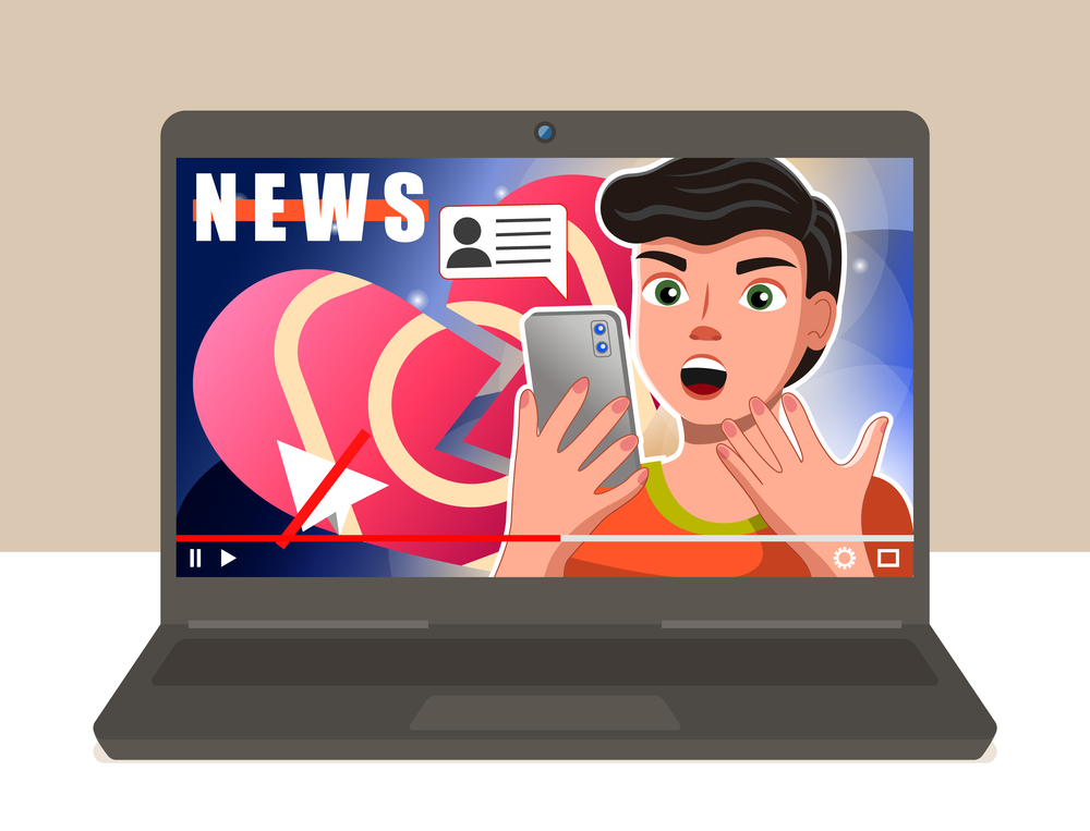 Laptop with included video on it. Surprised boy with a phone in his hands watches the news on the smartphone. Black laptop stands on the table. Drawing of a broken heart vector illustration. Laptop with included video on it. Surprised boy with a phone in his hands watches the news