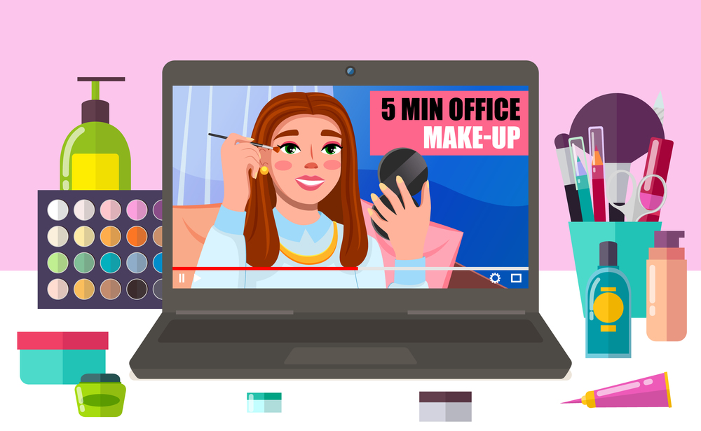 Girl makes up on video. Beautiful girl paints her eyes on video training. Cosmetics on the table. Palette with shadows behind a laptop. Various makeup tools on the blogger s desk vector illustration. Girl is making up on video. Beautiful girl paints her eyes on video training. Cosmetics on the table