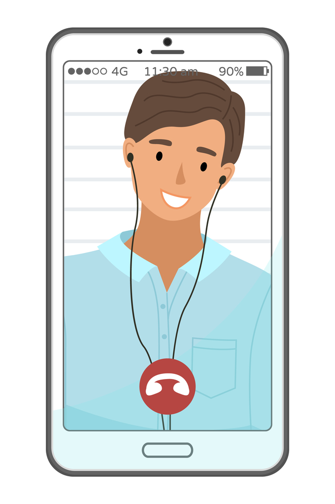 Smiling man having conference video call. Male character is chatting online working from home. Boy in headphones records movie. People communicate by video call using the phone vector illustration. Smiling man having conference video call. People communicate by video call using the phone