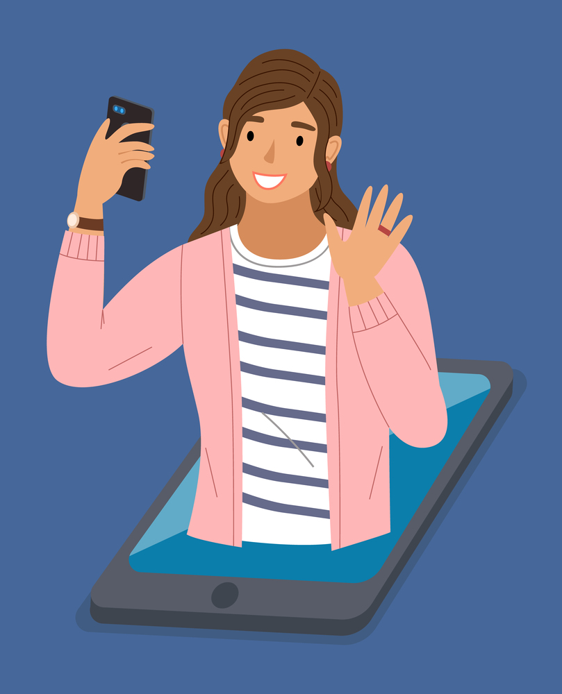 Girl has a video conference on the smartphone, takes a selfie. Female character with a phone on her hand and a ring. Woman happily waves at the camera. Mobile phone on the table vector illustration. Girl has a video conference on the mobile phone. Female character with happily waves at the camera
