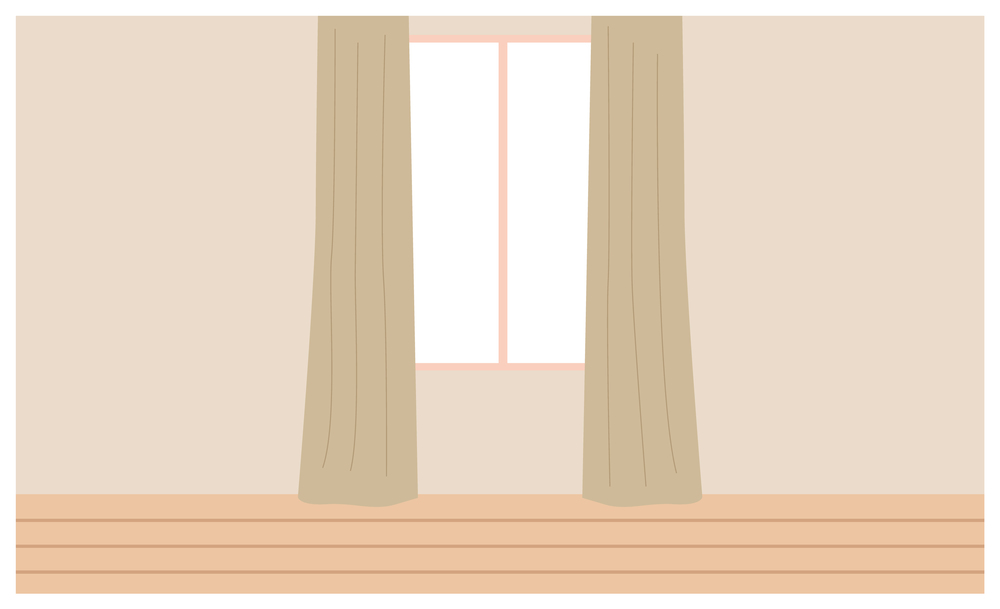 The window closed with beige curtains flat vector illustration. Interior element isolated on light wall. Curtains hang next to a framed glass window. Interior design of a room in an apartment. Window closed with beige curtains flat vector illustration. Interior element isolated on light wall