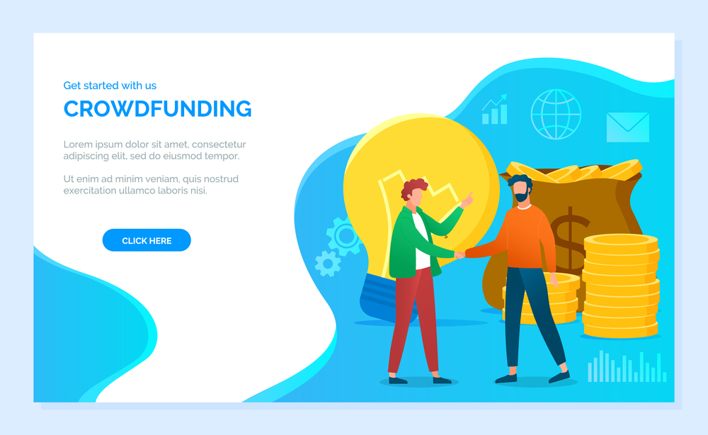 Crowdfunding landing page template. People invest their money to business for future profit. Fundraising for the project using the internet. Two businessman shake hands, light bulb and bag of money. Crowdfunding landing page template. Two businessman shake hands, light bulb and bag of money