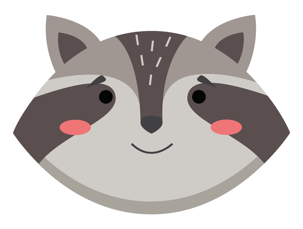 Avatar with a cute funny raccoon, isolated on white, vector illustration. Forest inhabitant head one object. Emoji funny animal. Embarrassed smile emotion. Coon wildlife character flat design. Avatar with a cute funny raccoon, isolated on white, vector illustration of forest wild animal head