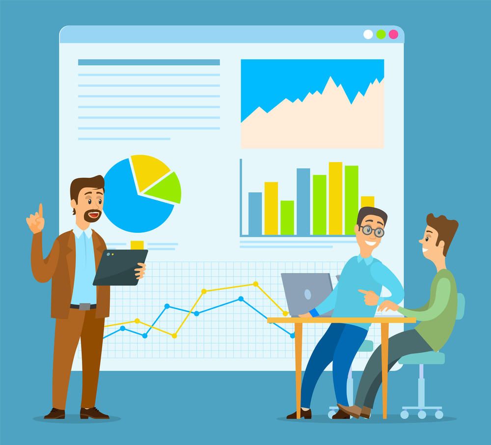 Businessman makes a presentation to colleagues. Office workers characters discussing indicators. Business people talking communication, discuss presentation graphs and charts. Business meeting concept. Office worker characters discussing indicators. Businessman makes a presentation to colleagues
