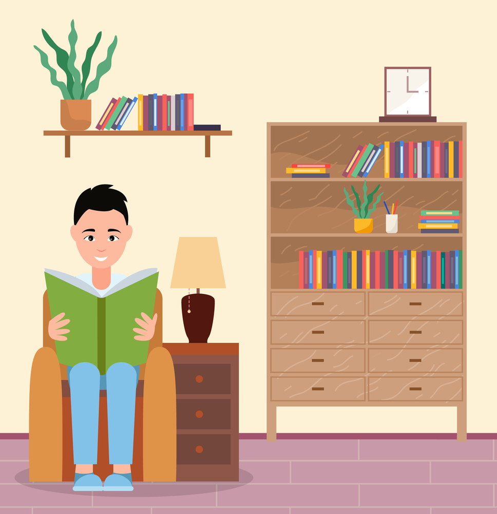Young man sitting in a chair and reading his favorite book next to the bookcase vector illustration living room interior. Male reader smiling student character in armchair relaxing with a book. Young man sitting in a chair and reading his favorite book next to the bookcase vector illustration