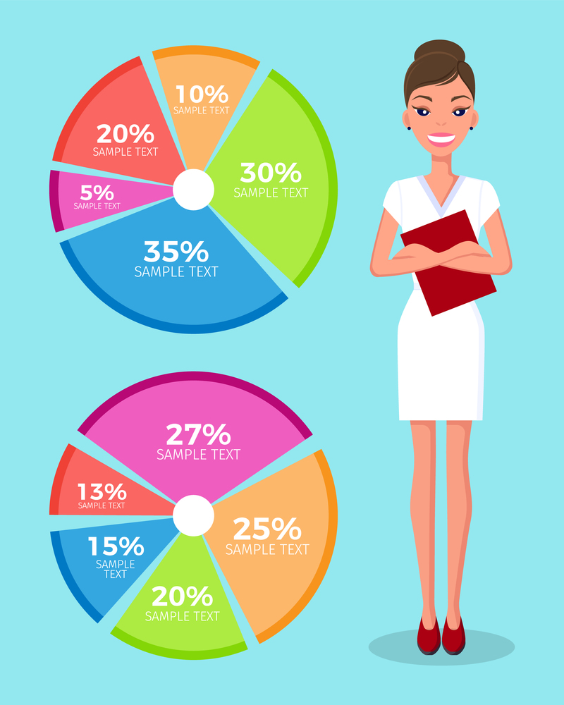 Girl with a document in her hand standing near pie chart. Business woman wearing a white dress presents a report. Pretty young slim woman in business clothes presenting a diagram flat illustration. Pretty young woman in business clothes with document in hand presenting a diagram flat illustration