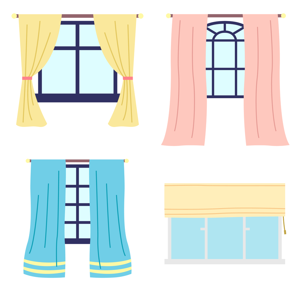 Collection of different wooden frame windows with colorful curtains, roman curtain at plastic window. Element of house or home interior. Home windows view from indoor. Windows icons in flat style. Collection of different wooden frame windows with colorful curtains, roman curtain at plastic window