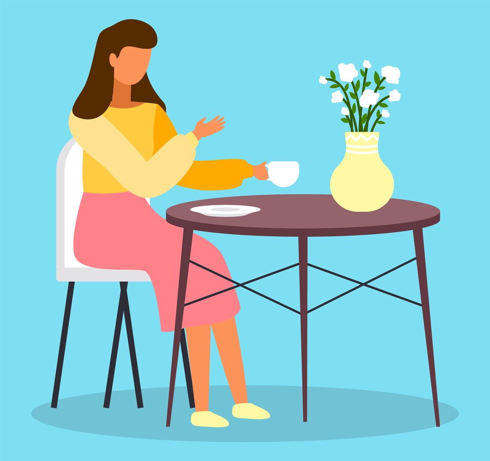 Woman sits at round table in the loft style, white modern chair, rounded silhouette, roses in vase, white plate. Stylish living room or kitchen interior. stay at home, relax. Flat vector illustration. Woman sits at round coffee table and drinks tea, vase with white flowers. Stay home. Flat image