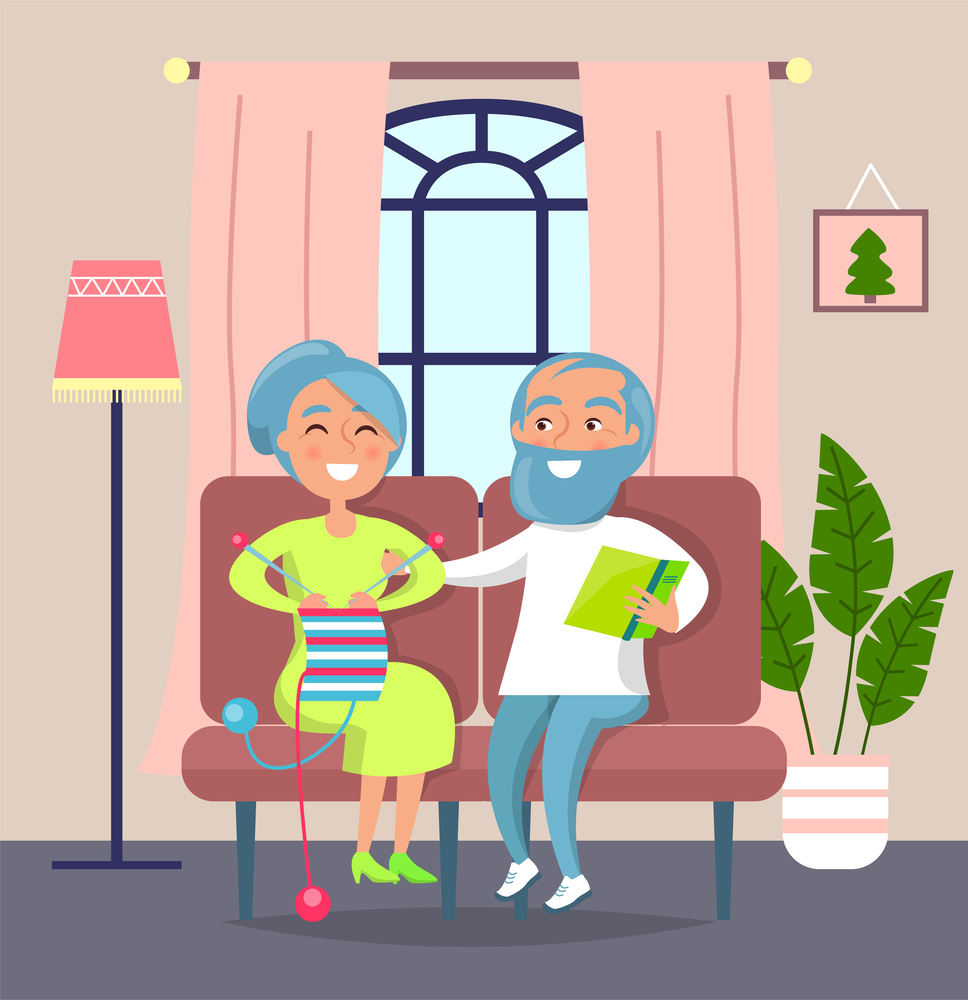 Cute aged married couple sitting on brown sofa. Old woman knits, old man reads her book. People aged laugh. Lush pot plant. High floor lamp. Window with pink curtains, pastel walls. Stay home. Funny old people. Aged man reading book to aged woman. People laughing. Woman knits. Cozy room
