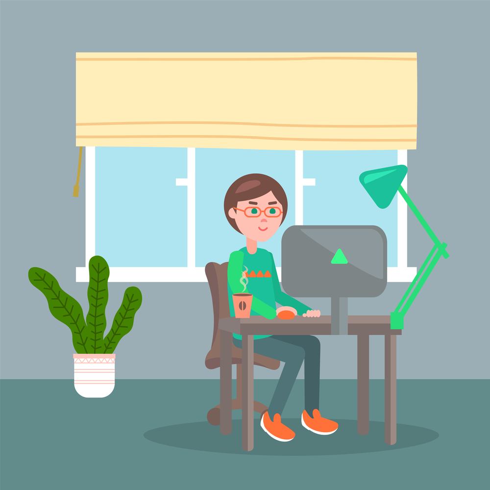 Programmer in eyeglasses with hot coffee on table sitting and using computer. Quarantine distance work. Freelance work at home. Effectively organizing home time. Home office. Young guy working online. Programmer wearing eyeglasses working at home, distance work, man using computer, quarantine