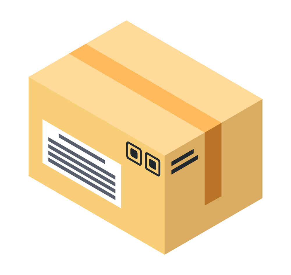 Isolated cardboard box with adhesive tape, postal information, sticker, delivery product in carton package. Parcel icon isolated at white. Isometric illustration, package, delivery products, goods. Isolated cardboard box with tape, postal information, sticker, delivery product in carton package