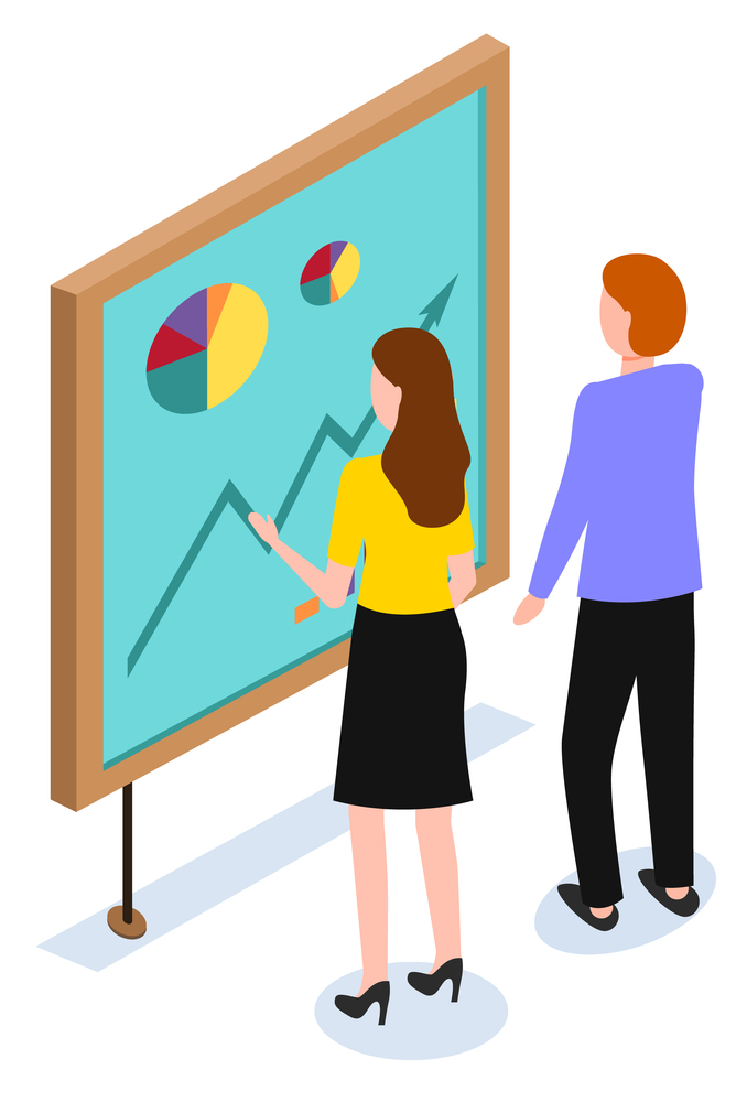 Man and woman stand near analytics diagrams and explore it. Manager look at report and have conversation about it. Data charts on board for financial presentation. Vector illustration of meeting. Managers Exploring Analytics Diagrams, Meeting