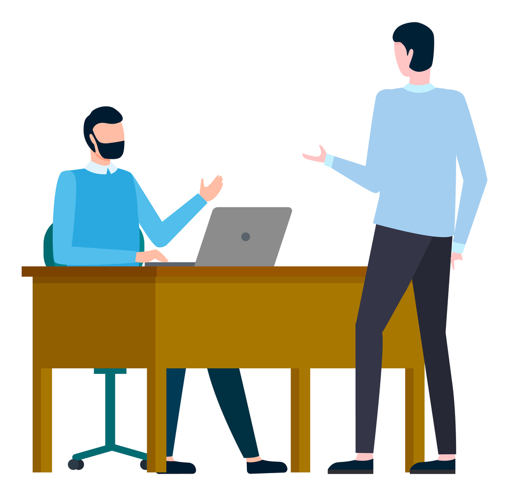 Two men talking in office sitting at desk with laptop. Male colleagues communication, discussion. International business concept vector illustration. Male Colleagues Communication in Office Vector