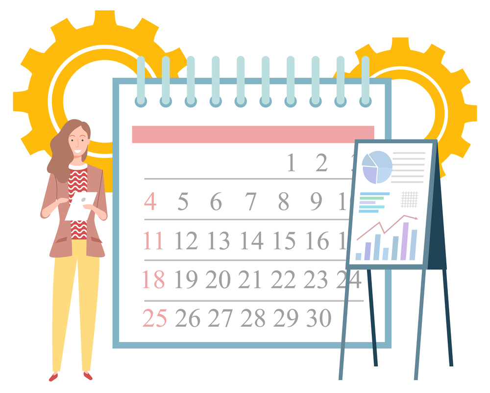 Businesswoman making notes. Big monthly calendar. Whiteboard with graph and statistics. Planning and scheduling concept. Flat vector illustration. Woman Making Notes, Calendar Planning Vector Image