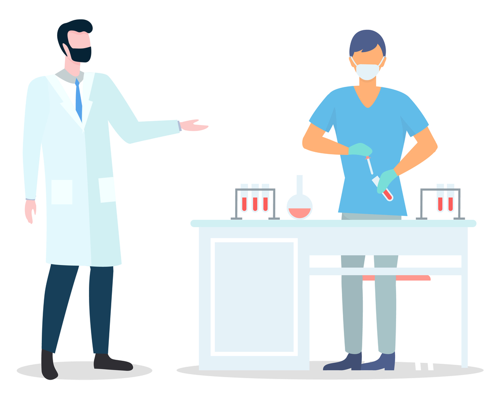 Assistant wearing face mask making scientific researches holding flask with liquid. Scientist in medical uniform working with tubes, flasks, samples. Doctor in medical gown talking with colleague. Laboratory assistant working with flasks, test tubes, doctor in white gown talking with colleague