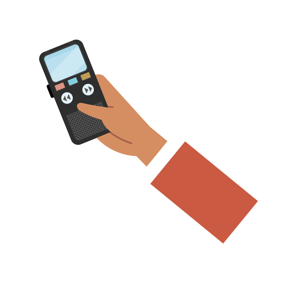 Hand holding a voice recorder vector illustration. Correspondent interviews with special equipment. Man holds a device for recording a guest words. Black dictaphone isolated on white background. Hand holding a voice recorder vector illustration. Correspondent interviews with special device