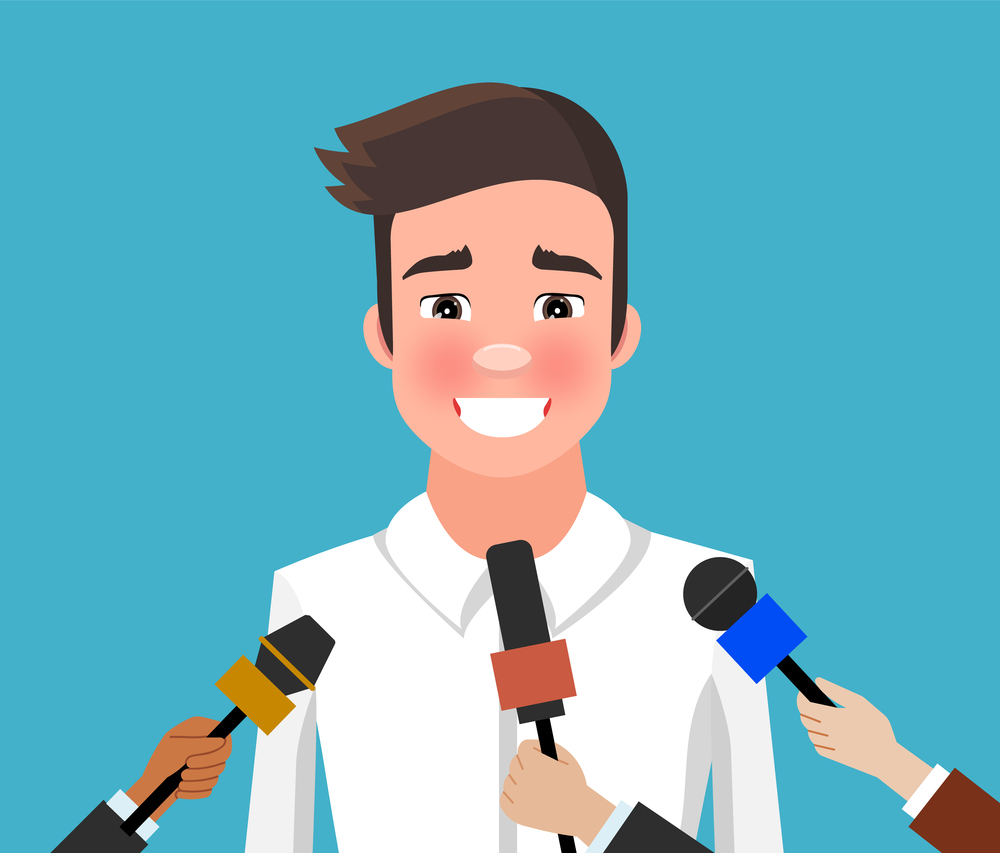 Press conference with a smiling man. Journalist with microphone interviews handsome superstar guy. Young male character in a white shirt while recording audio. Correspondent holds special equipment. Press conference with smiling man. Journalist with microphone interviews handsome superstar guy