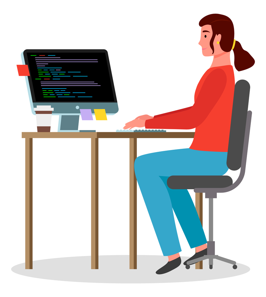 Workplace of woman with computer, office worker sitting at table typing at keyboard, coding, businesswoman and technology, sit at desk at comfortable chair with coffee, girl programmer or coder. Workplace of woman with computer, office worker sitting at table typing at keyboard, businesswoman