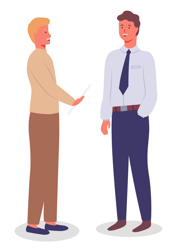 Blond man istanding with document in hands, guy standing with his hand in his pocket. Men wear formal clothes. Employees, colleagues or office staff. Communicate and work. Flat vector image on white. Male employees or colleagues in strict office clothes. Colleagues, office staff. Flat image on white
