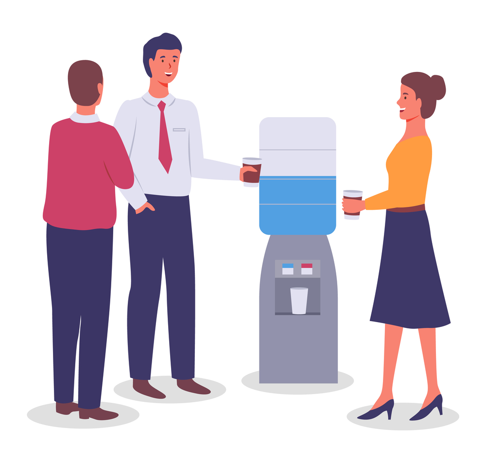 Vector flat illustration of office workers standing near water dispenser or water cooler, holding paper cups with drinks, tea or coffee. Managers have coffee break. Colleagues communicating, talking. Office workers standing near water dispenser or water cooler, holding paper cups with drinks, talk
