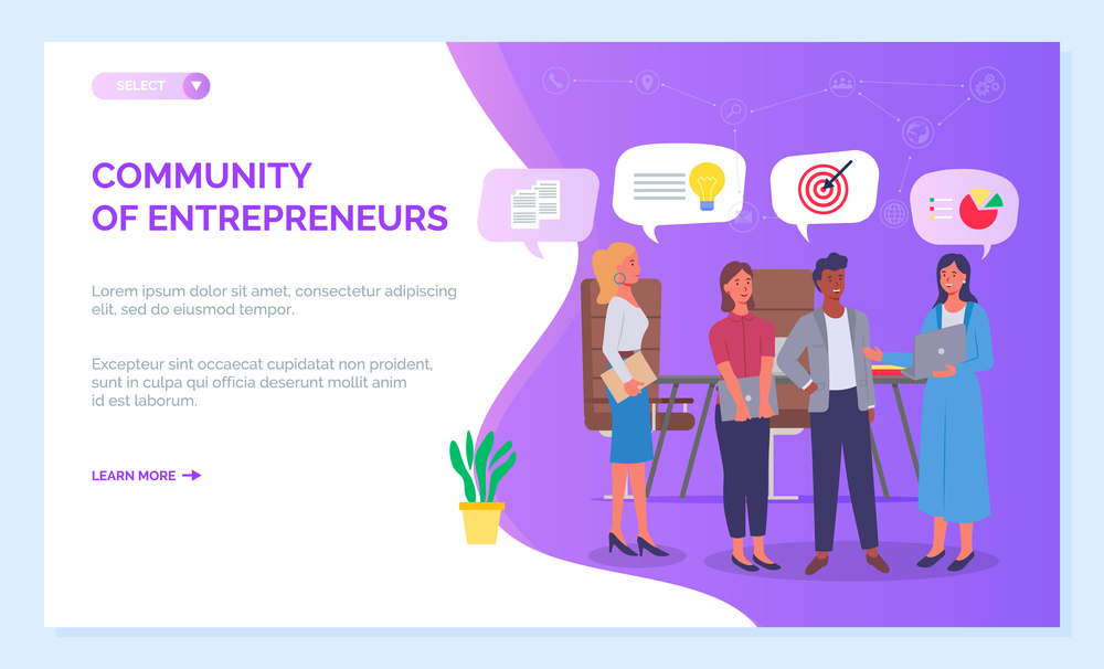 Landing page of website. Community of entrepreneurs. Businesspeople discussing strategy, reports, new idea, target, analytics, marketing. Developing of business, teamwork. Flat style illustration. Community of entrepreneurs, businesspeople discussing strategy, reports, new idea, target, analytics