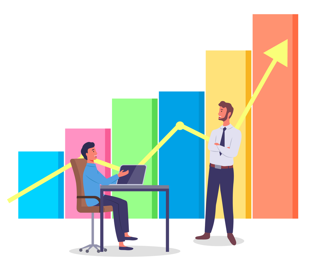 Large volum multi-colored bar chart. Yellow arrow of growth. Office workers discuss the project. Man at table with laptop. Profit growth, analytical report. Cartoon diagram for website, banner. Volumetric color bar chart, yellow arrow. Managers, office staff, men working on project, laptop