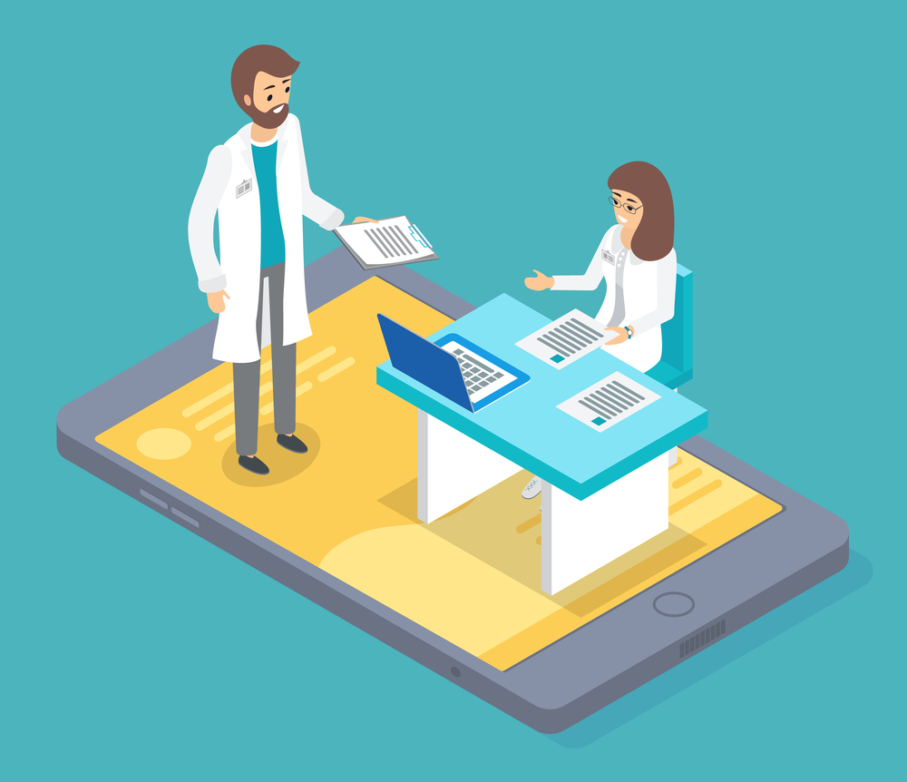 Two doctors talking about results of medical test, report. Therapist man holding clipboard with information, show it to woman physician. Isometric 3d smartphone. Online communicating doctors. Isometric 3d smartphone, online communicating doctors, therapist or physician with test results