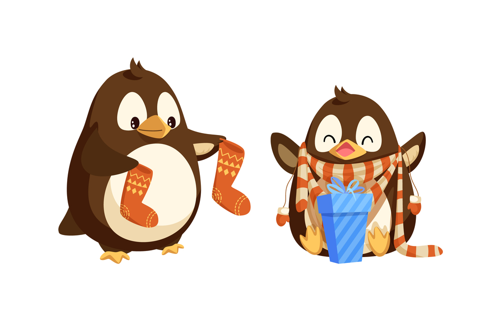 Christmas standing penguin holding socks with pattern. Sitting cheerful animal with hands up in stripes scarf and mittens near blue gift box vector isolated. Christmas Penguins with Socks and Present Vector