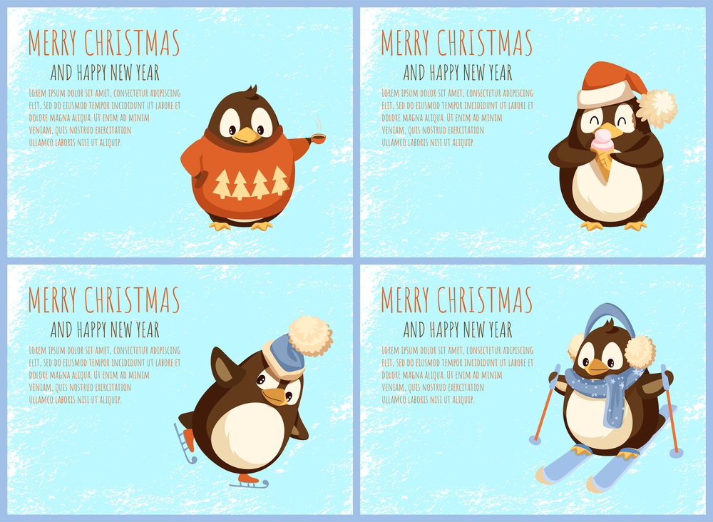 Merry Christmas and Happy New Year greeting cards with penguins. Bird skating, drinking coffee in sweater, eating ice cream, skiing in warm winter cloth. Merry Christmas Happy New Year greetings, Penguins