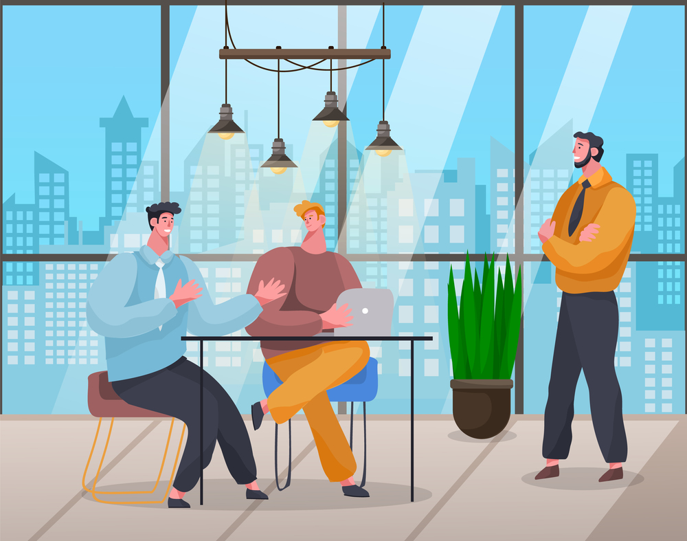 Workers in office with panoramic windows city view, young guy talking with colleagues, man listening partners, working with laptop, designers or co-workers discussing project, plan or startup. Workers in office with panoramic windows city view, young guy talking with colleagues, men talk