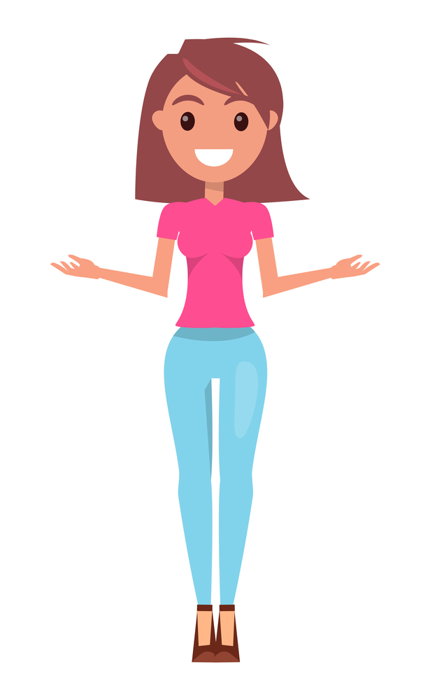 Young smiling girl on high heels stands and holds her arms bent at the elbows. Modern bright style of clothes. Woman poses. Woman in casual clothes in different poses. Vector character illustration. A young girl on heels poses, bent hands at the elbows. Vector character illustration, flat style