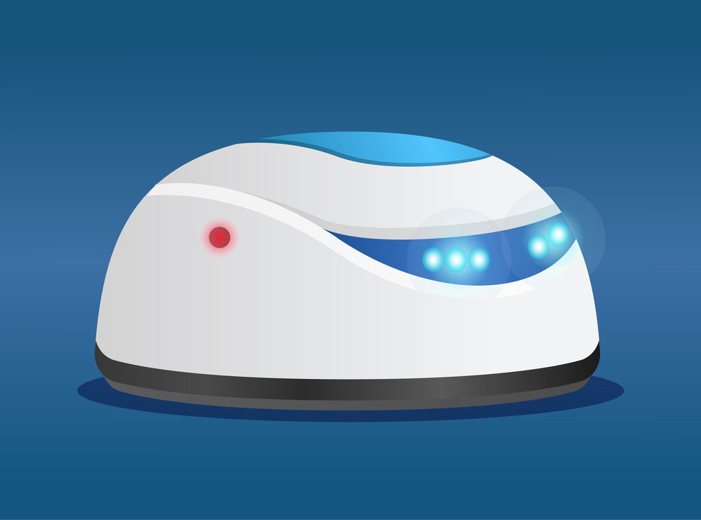 Futuristic robot cleaner with sensors lamps eyes. Artificial intelligence, innovative model of robot for cleaning. White android with internet connection, cybernetic science, electronic creature. Futuristic robot cleaner with artificial intelligence, innovative model of robot for cleaning