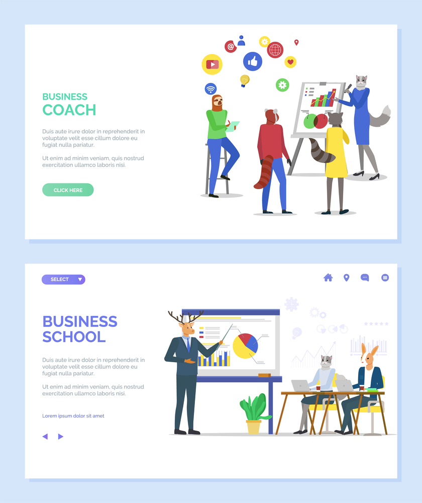Business school vector, hipster animal teaching students. Deer giving presentation showing on board, listeners looking at whiteboard giving ideas. Website or webpage template, landing page flat style. Business Coach and School, Website with Hipsters