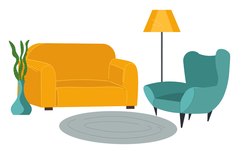 Flat furniture image. Yellow cozy sofa, gray-green comfortable chair, oval rug on floor, floor lamp, vase with houseplant. Interior of the living room. Cozy home, stay home. Furniture set. Flat image. Home cozy living room interior, sofa, armchair, carpet, floor lamp. Stay at home. Flat image