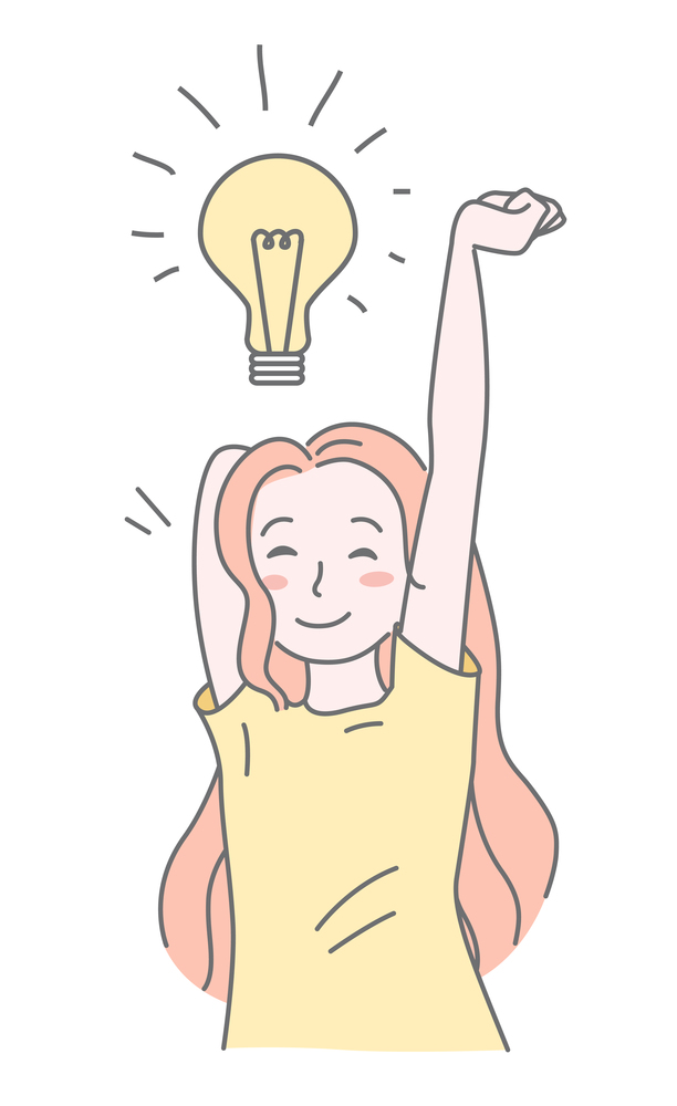 Pretty girl with lamp bulb. New creative idea concept, solution of problem. Founding new idea, inspiration. Isolated flat cartoon illustration. Solved question, creative thinking. Cute girl portrait. Pretty girl with lamp bulb, new creative idea concept, solution of problem, founding new idea