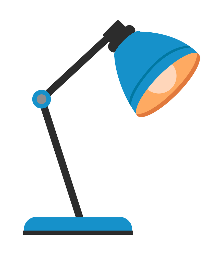 Blue table shade with a yellow incandescent lamp. Light tube with movable stand. Lighting equipment for home or office. Interior lighting. Vision care. Cartoon illustration of flexible desk bulb. Blue table flexible desk lamp with yellow light. Office or home lighting, electricity. Flat image
